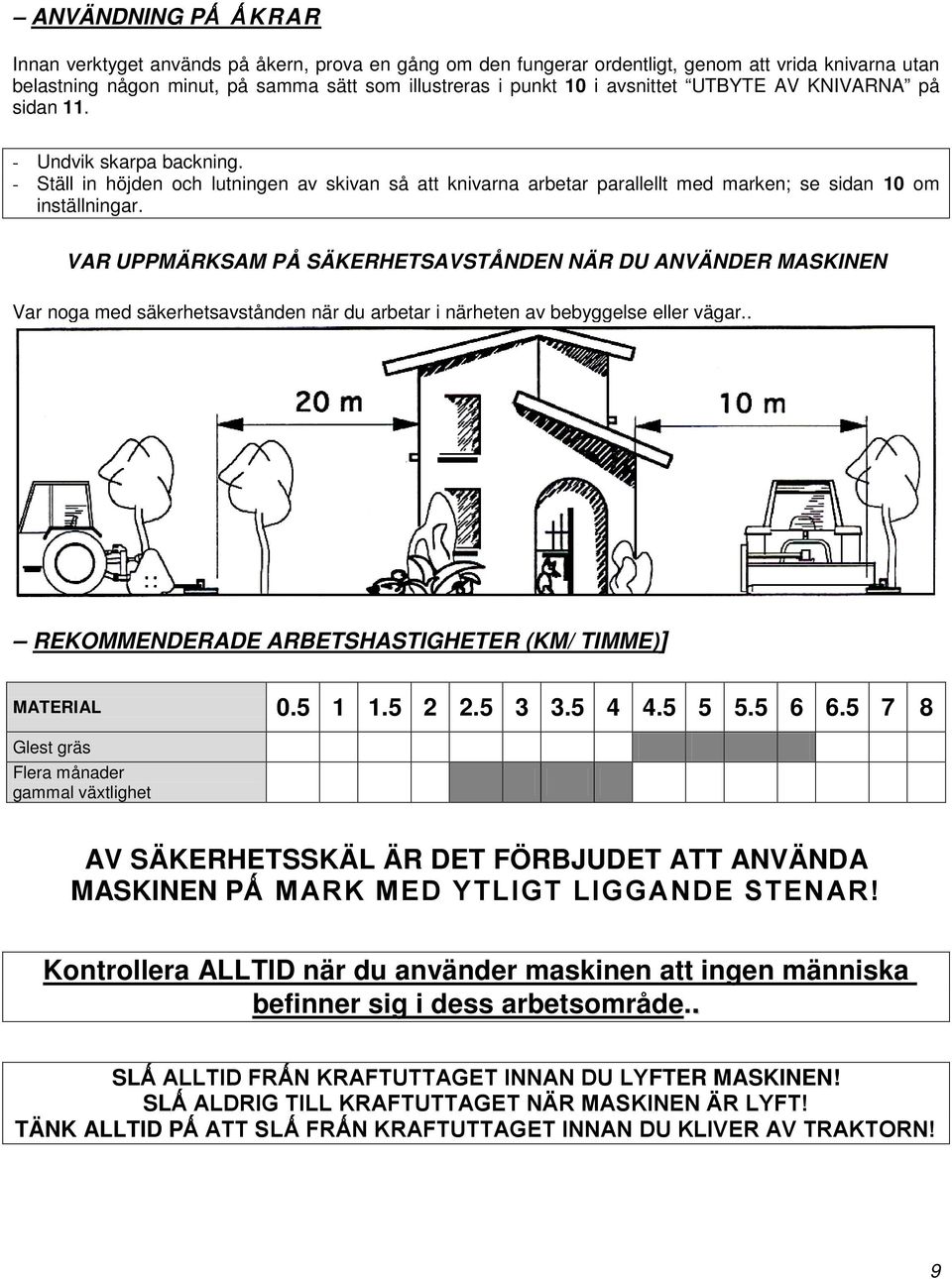 VAR UPPMÄRKSAM PÅ SÄKERHETSAVSTÅNDEN NÄR DU ANVÄNDER MASKINEN Var noga med säkerhetsavstånden när du arbetar i närheten av bebyggelse eller vägar.