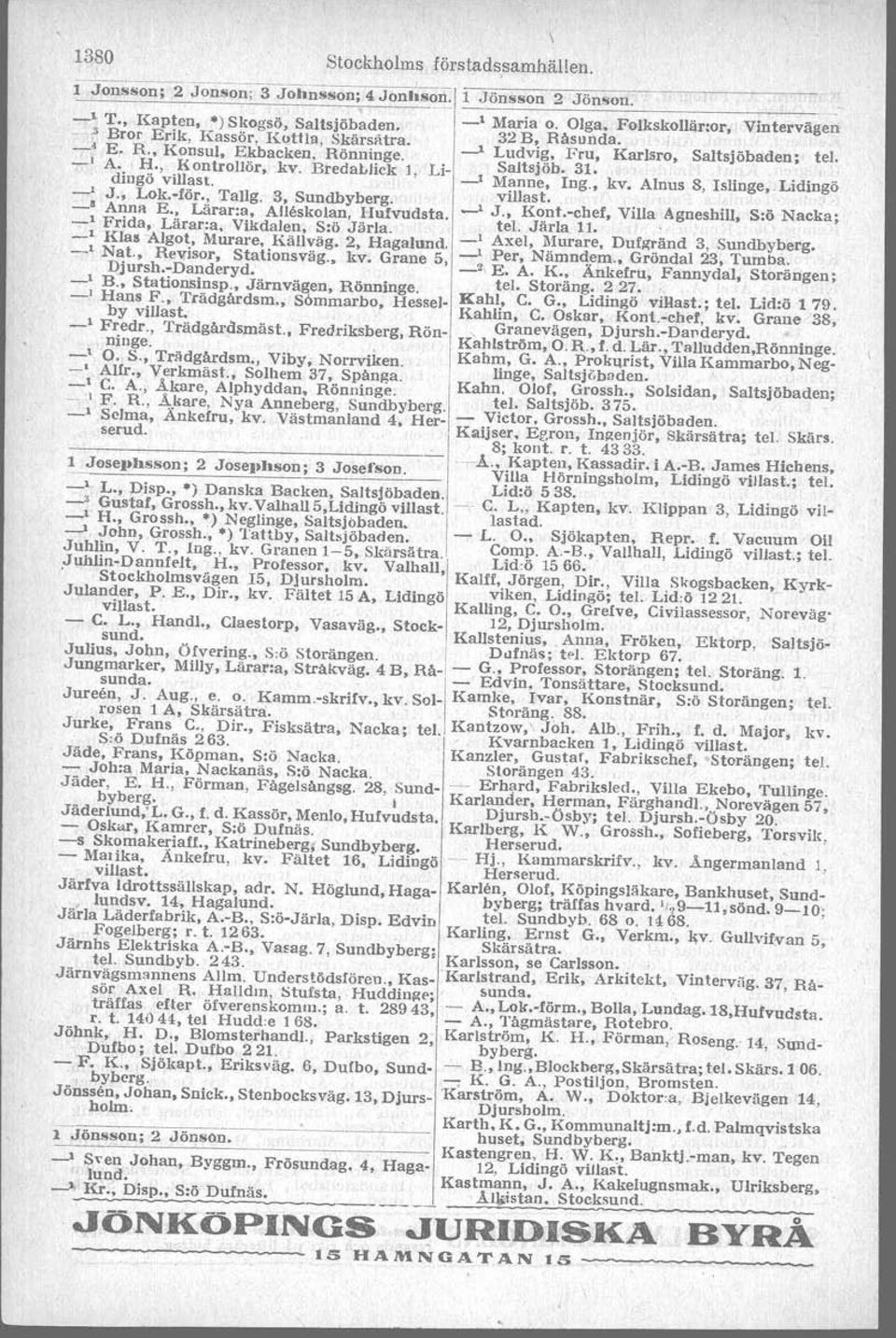 P A, Husäg, Järnvägsg 56, Sundbyberg Gunnar, Direktör, Stocksund; ter Stocks _l Jacob T, Häradsh, Centralpalatset, Lidingö 200 Lange, C H, Bankkamrer, )Skärmaräng; tel _l villast; tet Lid:ö 2 73 A G,