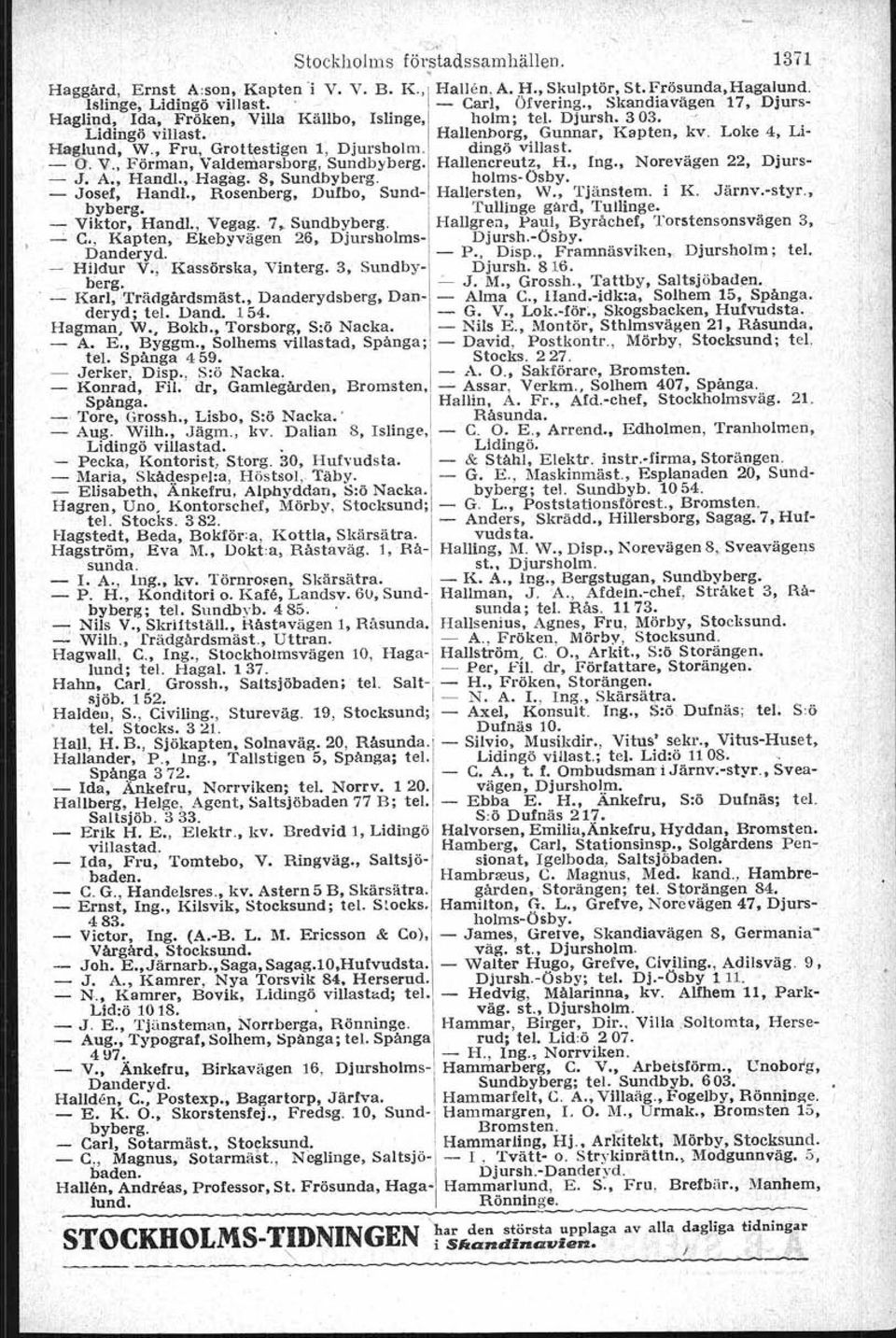 Idrottsvaf;l~n 2, Djursholm ~ K G, om,bud, Österväg 14, Råsunda 1 S P, ÖfvermJoln, Saltsjöqvarn, Stltlm 2 C O, Polisman, Sundbyberg' Holmstedt, Verner, Grossh, Solbacken, Rön Erik, Stationsinsp i