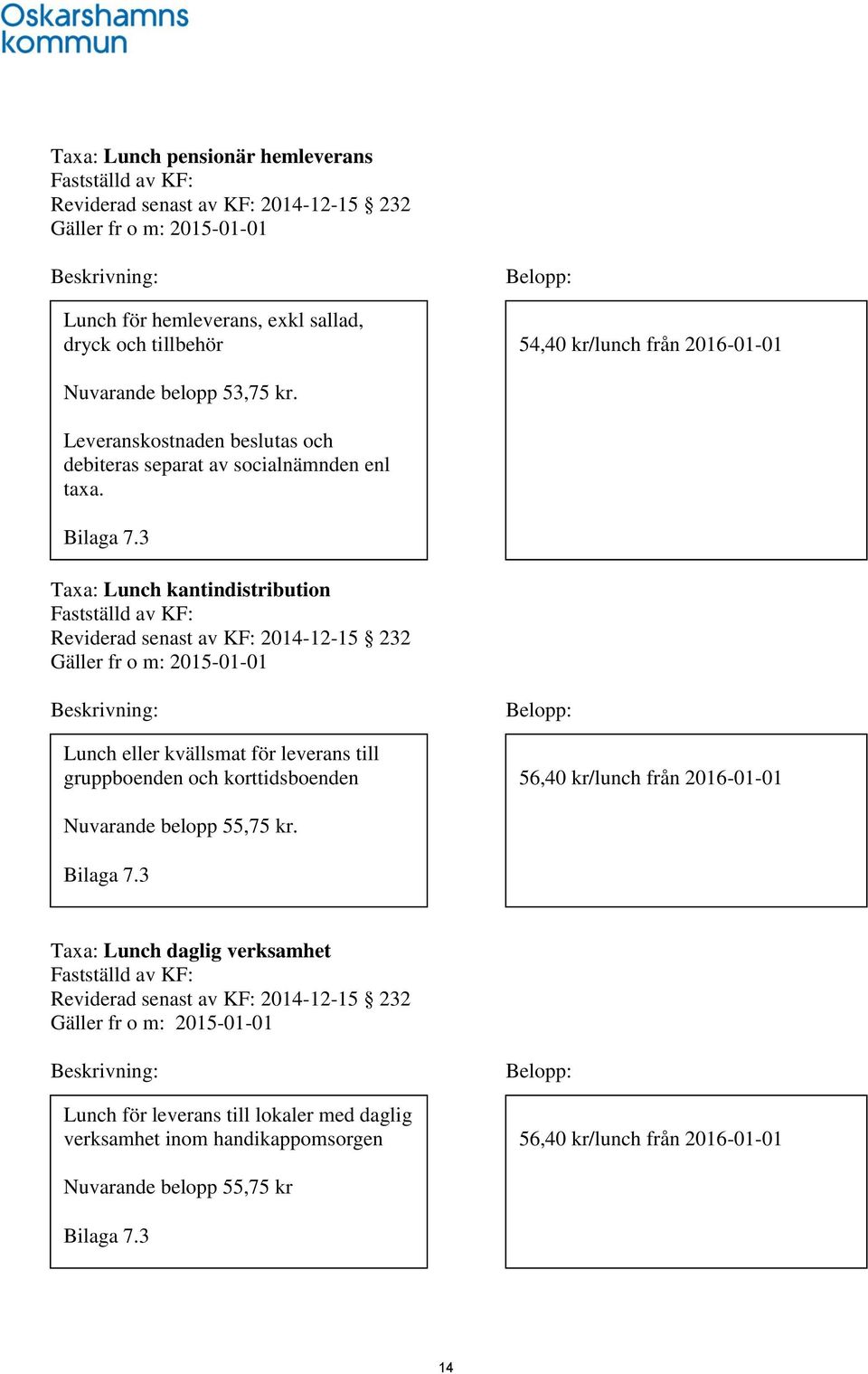 3 Taxa: Lunch kantindistribution Fastställd av KF: Reviderad senast av KF: 2014-12-15 232 Gäller fr o m: 2015-01-01 Lunch eller kvällsmat för leverans till gruppboenden och korttidsboenden 56,40