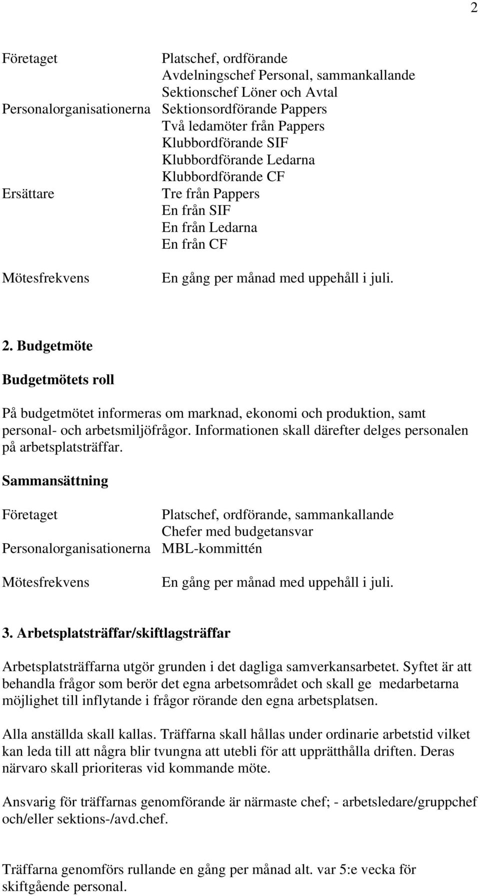 Budgetmöte Budgetmötets roll På budgetmötet informeras om marknad, ekonomi och produktion, samt personal- och arbetsmiljöfrågor. Informationen skall därefter delges personalen på arbetsplatsträffar.