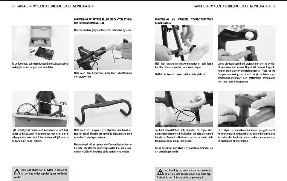 Dels med den beprövade Aheadset -styrstammen och styrsystem. Håll fast styre-styrstamskombnatonen och lossa kardborrebandet upptll, som fxerar styret. Gaffeln är fxerad lagret och kan nte glda ut.