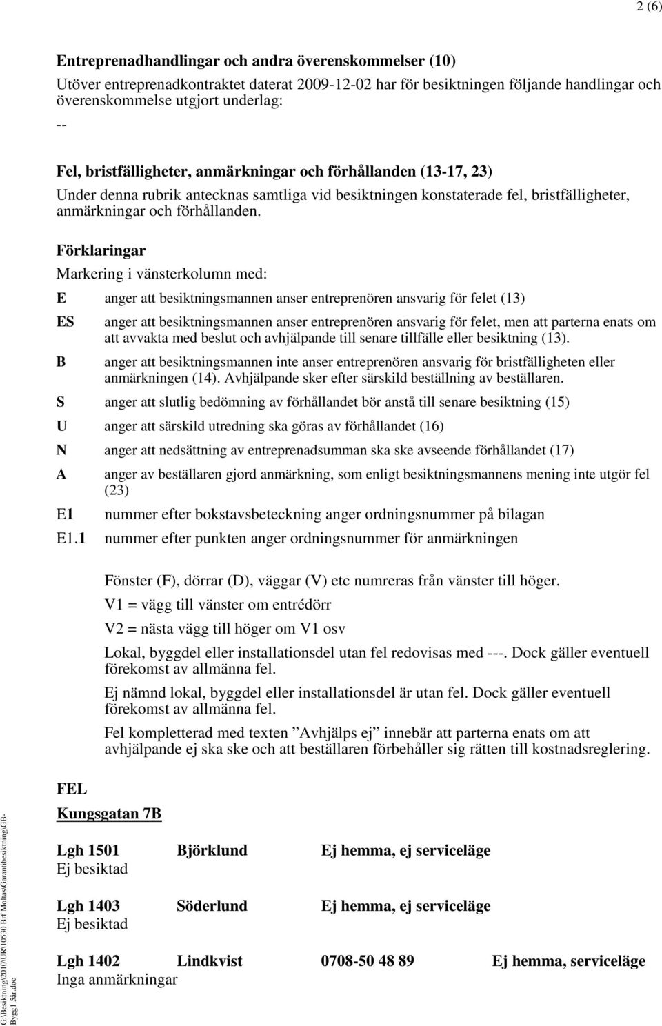 Förklaringar Markering i vänsterkolumn med: E anger att besiktningsmannen anser entreprenören ansvarig för felet (13) ES anger att besiktningsmannen anser entreprenören ansvarig för felet, men att