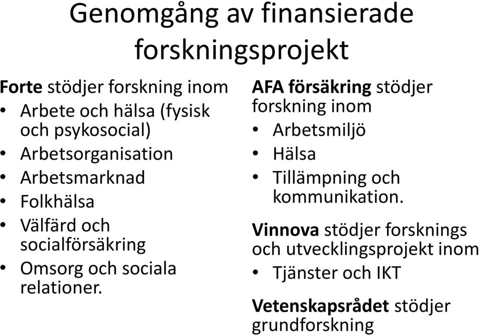 forskningsprojekt AFA försäkring stödjer forskning inom Arbetsmiljö Hälsa Tillämpning och kommunikation.