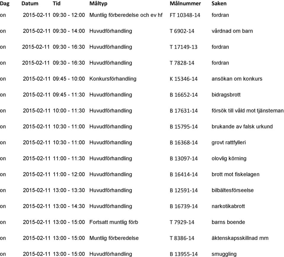 Huvudförhandling B 17631-14 försök till våld mot tjänsteman on 2015-02-11 10:30-11:00 Huvudförhandling B 15795-14 brukande av falsk urkund on 2015-02-11 10:30-11:00 Huvudförhandling B 16368-14 grovt