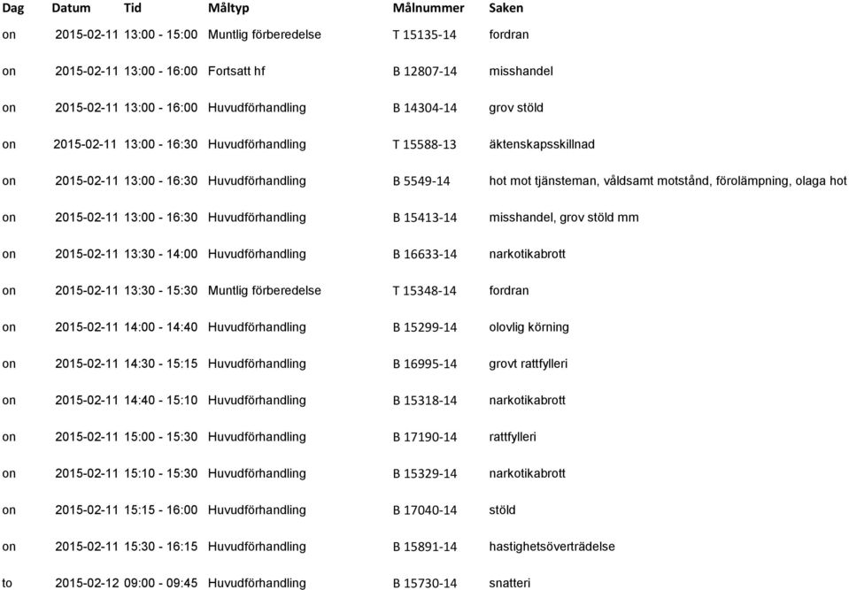 13:00-16:30 Huvudförhandling B 15413-14 misshandel, grov stöld mm on 2015-02-11 13:30-14:00 Huvudförhandling B 16633-14 on 2015-02-11 13:30-15:30 Muntlig förberedelse T 15348-14 on 2015-02-11