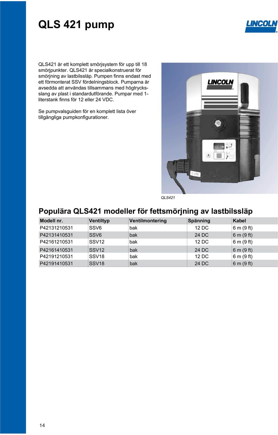 Pumpar med 1- literstank finns för 12 eller 24 VDC. Se pumpvalsguiden för en komplett lista över tillgängliga pumpkonfigurationer.