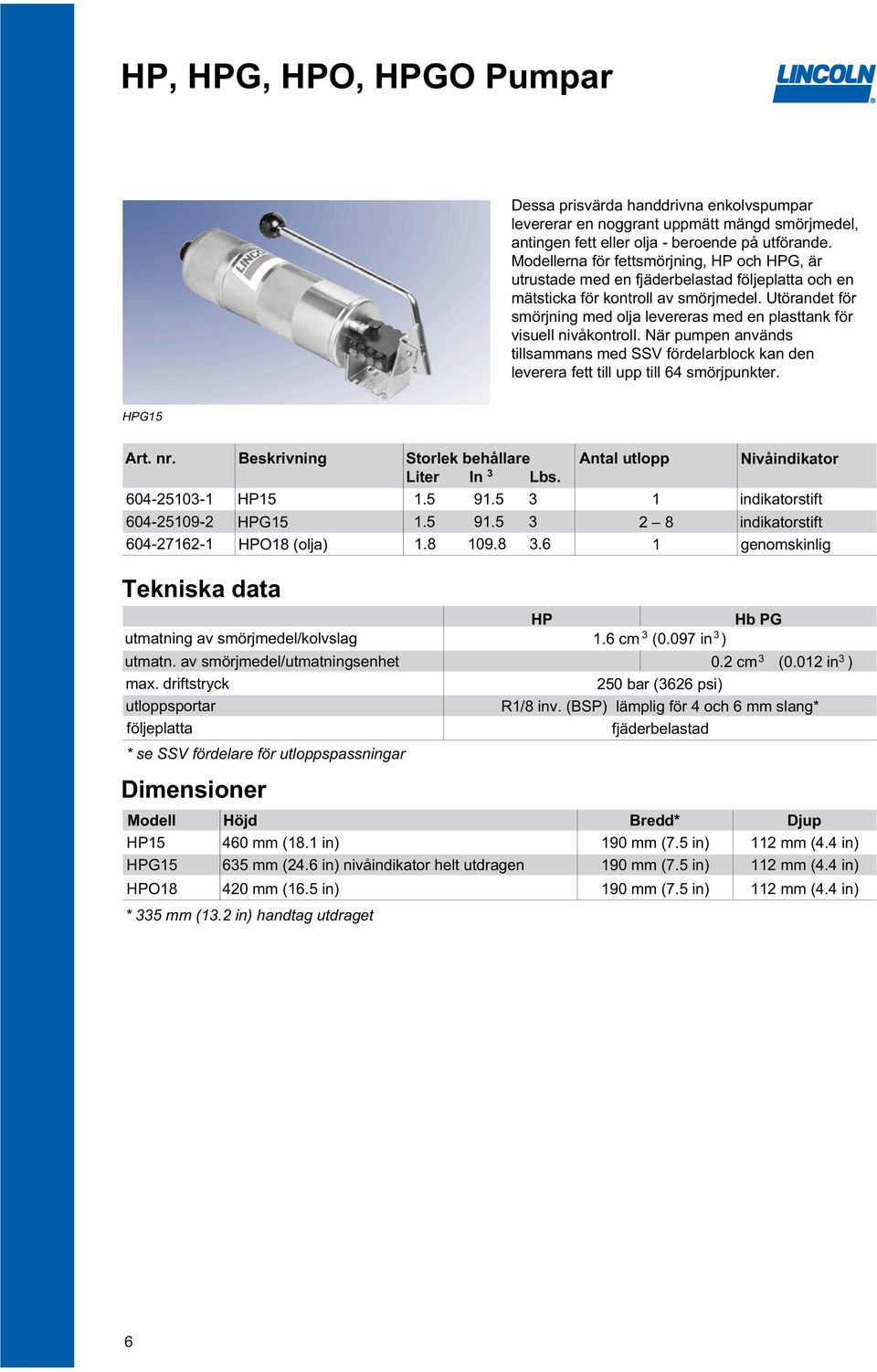 Utörandet för smörjning med ol levereras med en plasttank för visuell nivåkontroll. När pumpen används tillsammans med SSV fördelarblock kan den leverera fett till upp till 64 smörjpunkter. HPG15 Art.