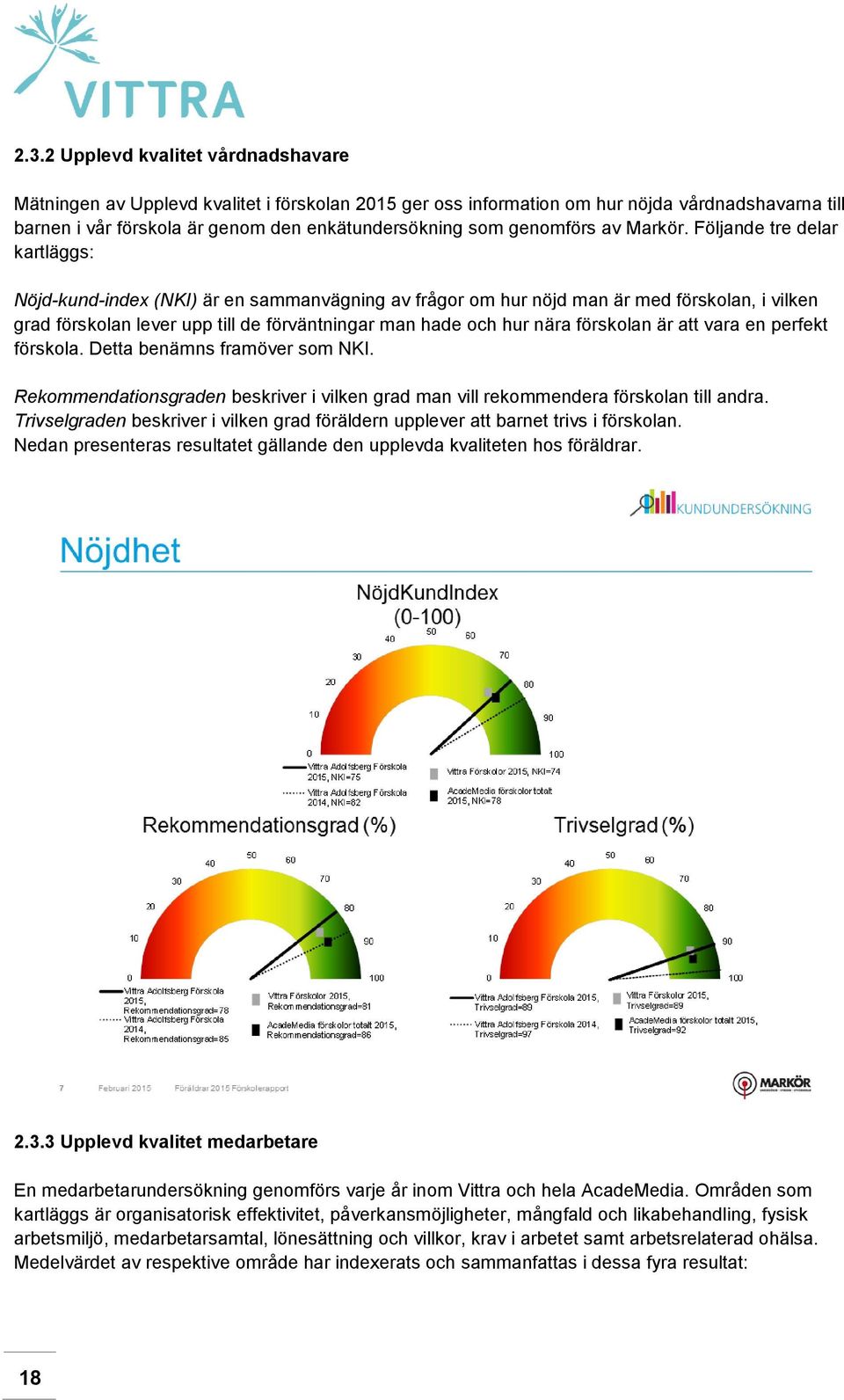 Följande tre delar kartläggs: Nöjd-kund-index (NKI) är en sammanvägning av frågor om hur nöjd man är med förskolan, i vilken grad förskolan lever upp till de förväntningar man hade och hur nära
