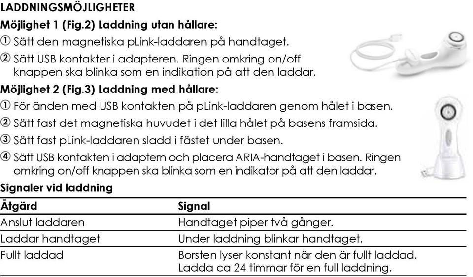 2 Sätt fast det magnetiska huvudet i det lilla hålet på basens framsida. 3 Sätt fast plink-laddaren sladd i fästet under basen. 4 Sätt USB kontakten i adaptern och placera ARIA-handtaget i basen.