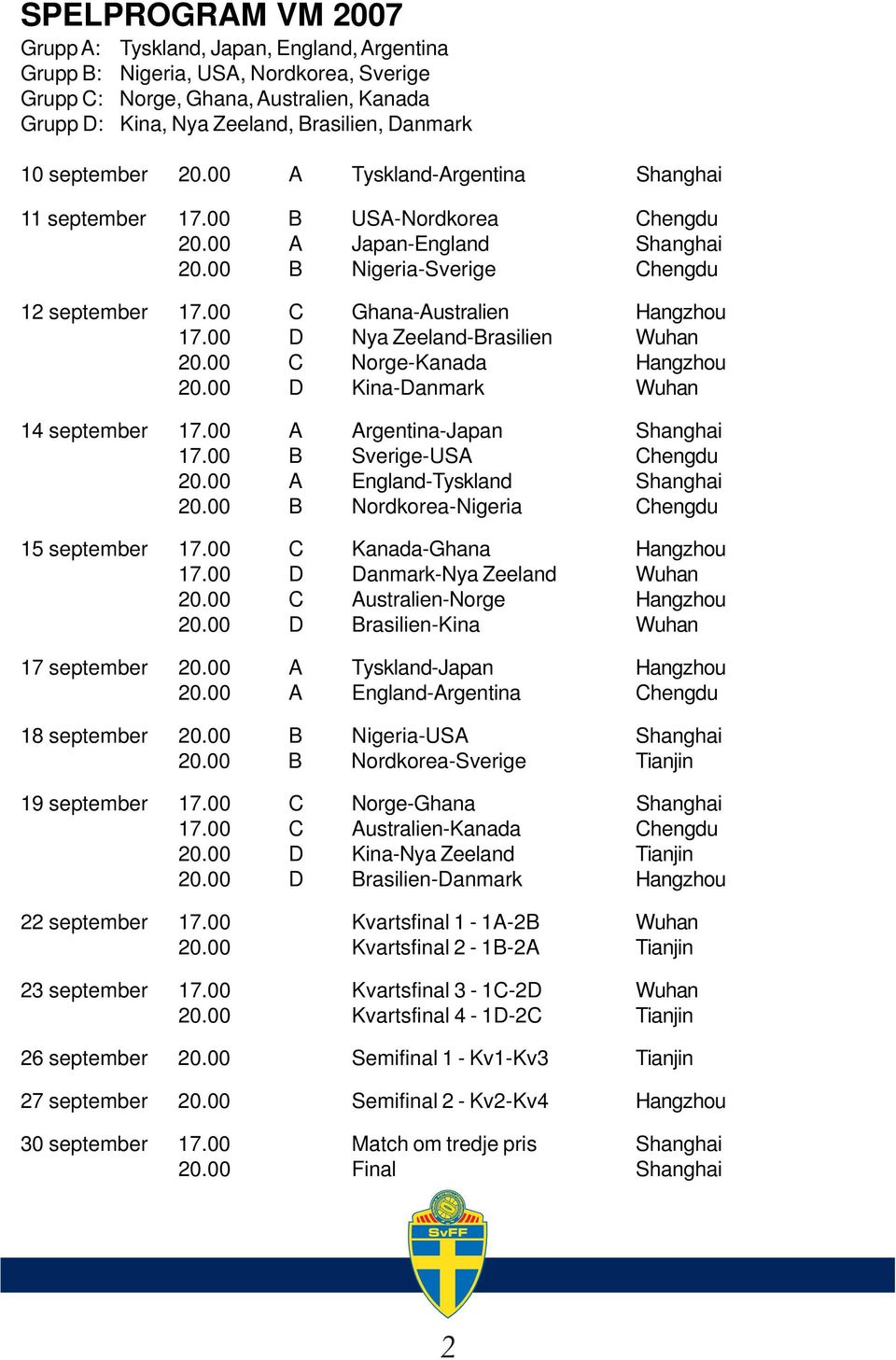 00 C Ghana-Australien Hangzhou 17.00 D Nya Zeeland-Brasilien Wuhan 20.00 C Norge-Kanada Hangzhou 20.00 D Kina-Danmark Wuhan 14 september 17.00 A Argentina-Japan Shanghai 17.