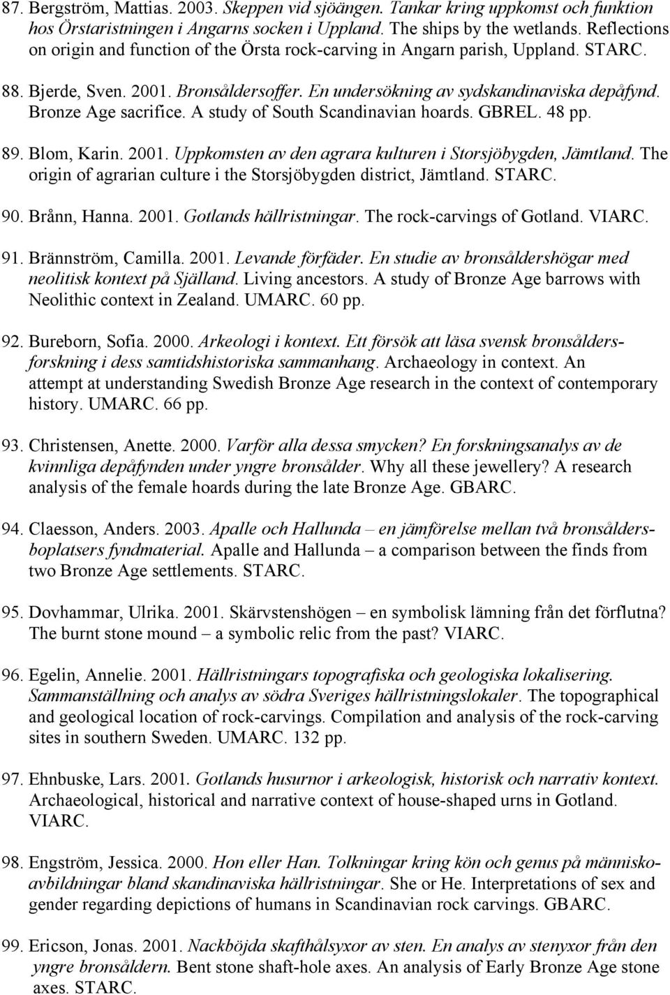 Bronze Age sacrifice. A study of South Scandinavian hoards. GBREL. 48 pp. 89. Blom, Karin. 2001. Uppkomsten av den agrara kulturen i Storsjöbygden, Jämtland.