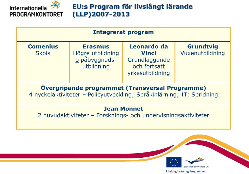 Grundtvig Vuxenutbildning Övergripande programmet (Transversal Programme) 4 nyckelaktiviteter