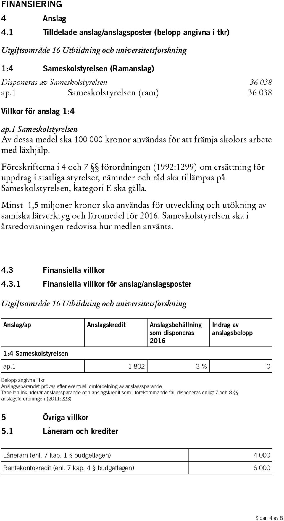 1 Sameskolstyrelsen(ram) 36 038 Villkor för anslag 1:4 ap.1 Sameskolstyrelsen Avdessamedelska100000kronoranvändasförattfrämjaskolors arbete med läxhjälp.