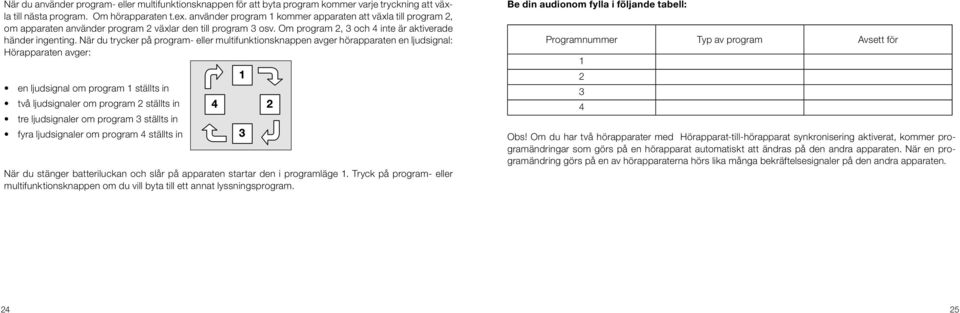 När du trycker på program- eller multifunktionsknappen avger hörapparaten en ljudsignal: Hörapparaten avger: en ljudsignal om program 1 ställts in två ljudsignaler om program 2 ställts in tre