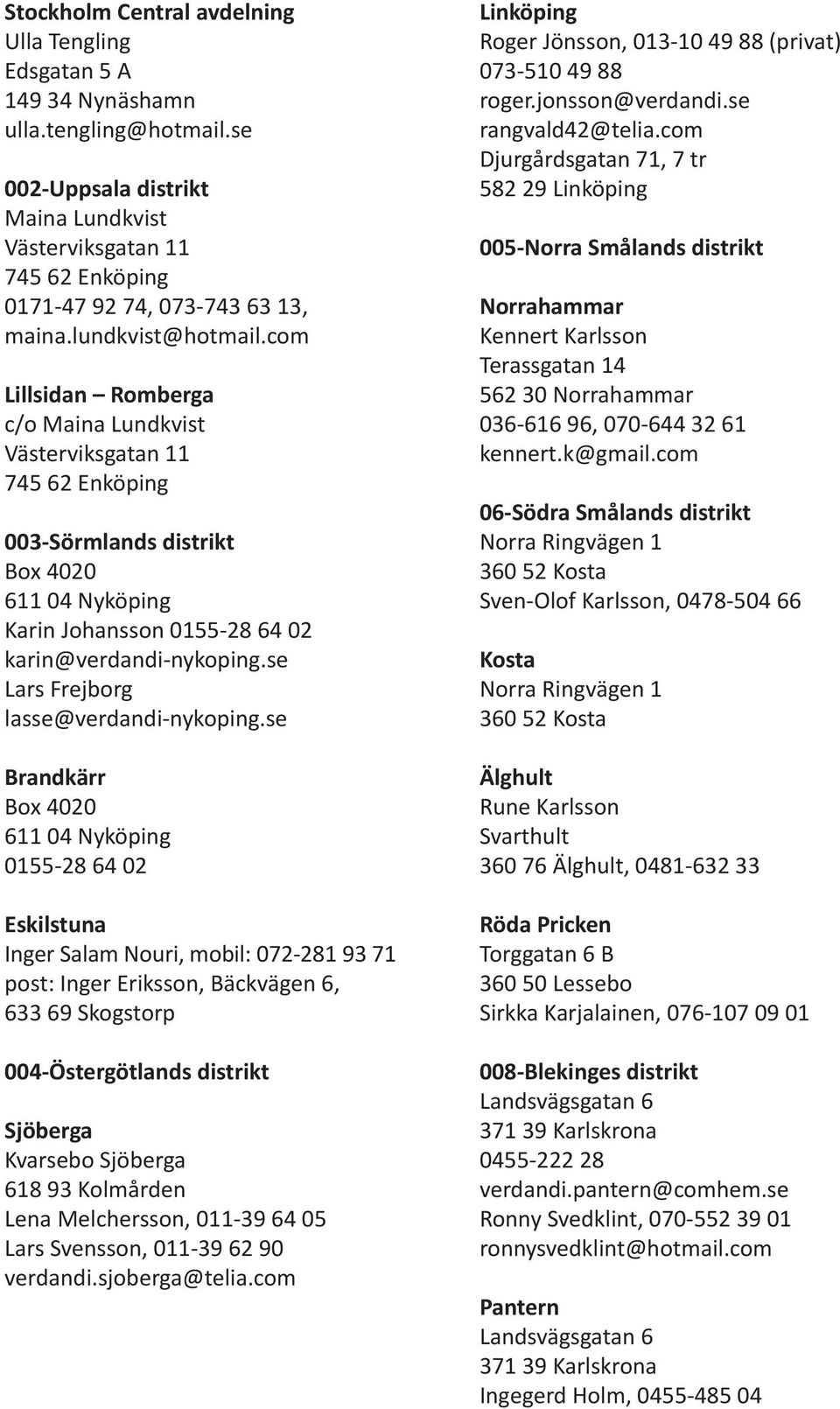 com Lillsidan Romberga c/o Maina Lundkvist Västerviksgatan 11 745 62 Enköping 003-Sörmlands distrikt Box 4020 611 04 Nyköping Karin Johansson 0155-28 64 02 karin@verdandi-nykoping.