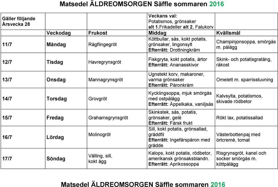 ärtor Efterrätt: Ananasskivor Ugnstekt korv, makaroner, varma Efterrätt: Päronkräm Kycklingsoppa, mjuk smörgås Efterrätt: Äppelkaka, vaniljsås Skinkstek, sås, potatis,, gelé Sill, kokt potatis,