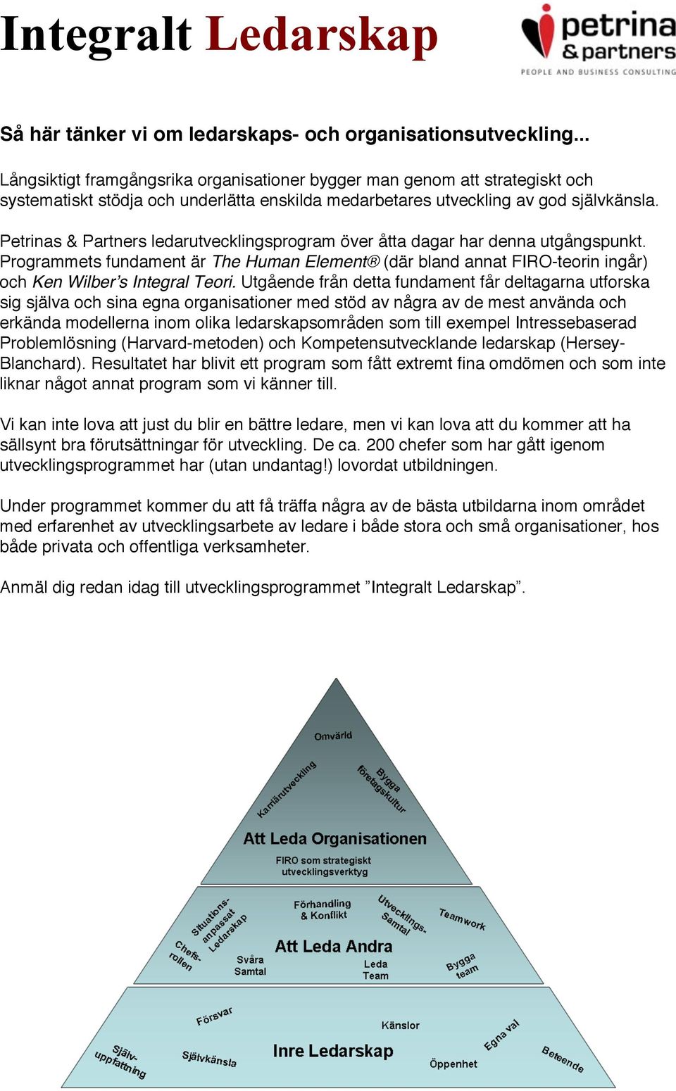 Petrinas & Partners ledarutvecklingsprogram över åtta dagar har denna utgångspunkt. Programmets fundament är The Human Element (där bland annat FIRO-teorin ingår) och Ken Wilber s Integral Teori.