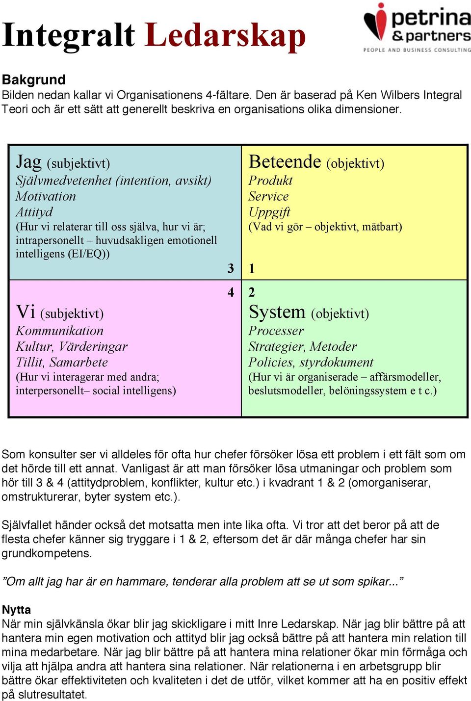 Kommunikation Kultur, Värderingar Tillit, Samarbete (Hur vi interagerar med andra; interpersonellt social intelligens) 3 4 Beteende (objektivt) Produkt Service Uppgift (Vad vi gör objektivt, mätbart)