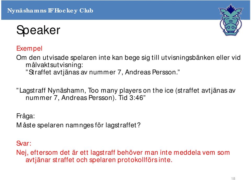 Lagstraff Nynäshamn, Too many players on the ice (straffet avtjänas av nummer 7, Andreas Persson).