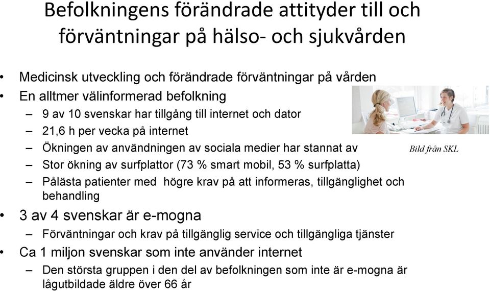 mobil, 53 % surfplatta) Pålästa patienter med högre krav på att informeras, tillgänglighet och behandling 3 av 4 svenskar är e-mogna Förväntningar och krav på tillgänglig service