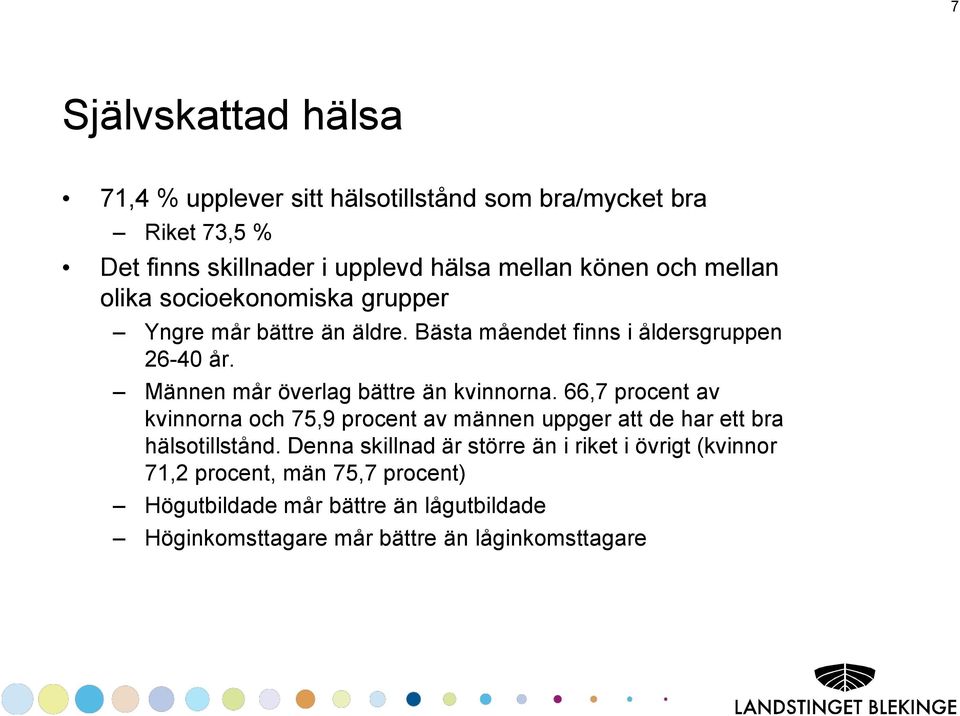 Männen mår överlag bättre än kvinnorna. 66,7 procent av kvinnorna och 75,9 procent av männen uppger att de har ett bra hälsotillstånd.