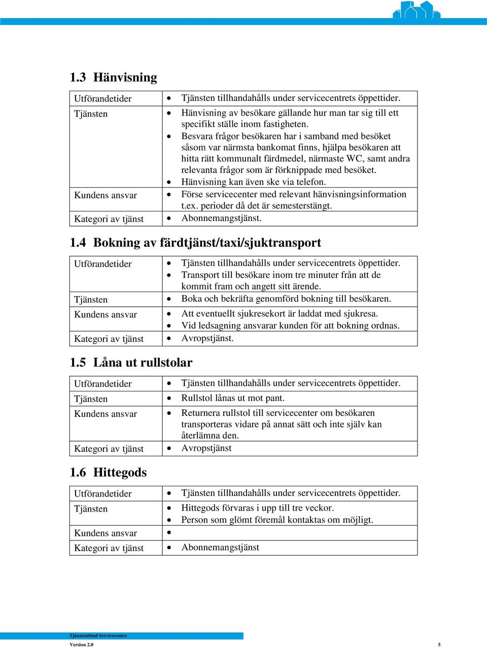 med besöket. Hänvisning kan även ske via telefon. Kundens ansvar Förse servicecenter med relevant hänvisningsinformation t.ex. perioder då det är semesterstängt. 1.