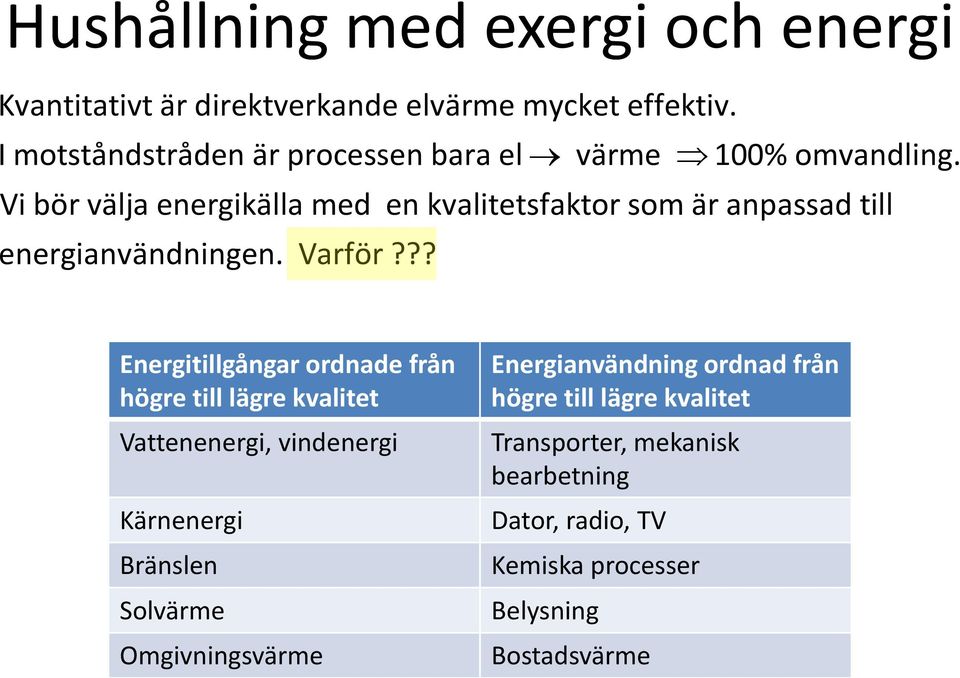 Vi bör välja energikälla med en kvalitetsfaktor som är anpassad till energianvändningen. Varför?