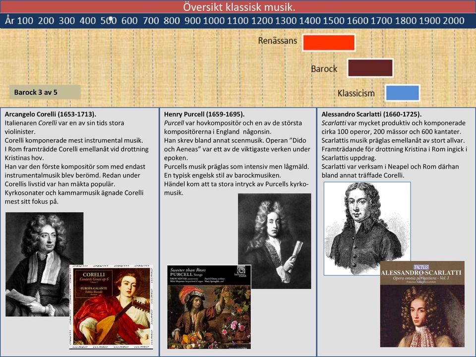 Kyrkosonater och kammarmusik ägnade Corelli mest sitt fokus på. Henry Purcell (1659-1695). Purcell var hovkompositör och en av de största kompositörerna i England någonsin.