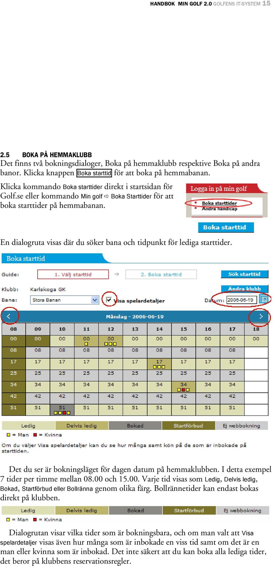 En dialogruta visas där du söker bana och tidpunkt för lediga starttider. Det du ser är bokningsläget för dagen datum på hemmaklubben. I detta exempel 7 tider per timme mellan 08.00 