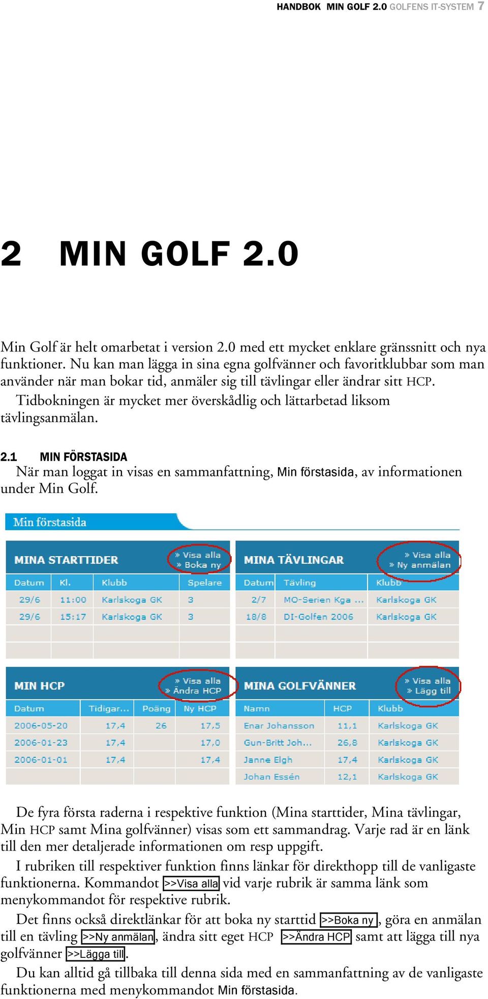 Tidbokningen är mycket mer överskådlig och lättarbetad liksom tävlingsanmälan. 2.1 MIN FÖRSTASIDA När man loggat in visas en sammanfattning, Min förstasida, av informationen under Min Golf.