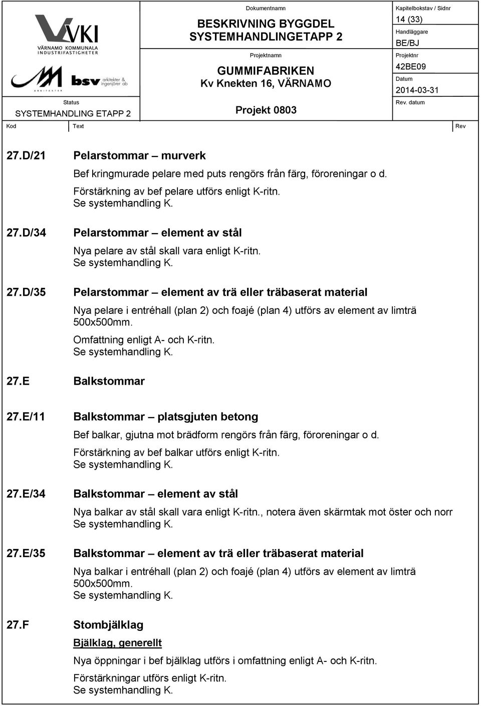 Pelarstommar element av trä eller träbaserat material Nya pelare i entréhall (plan 2) och foajé (plan 4) utförs av element av limträ 500x500mm. Omfattning enligt A- och K-ritn. 27.E Balkstommar 27.