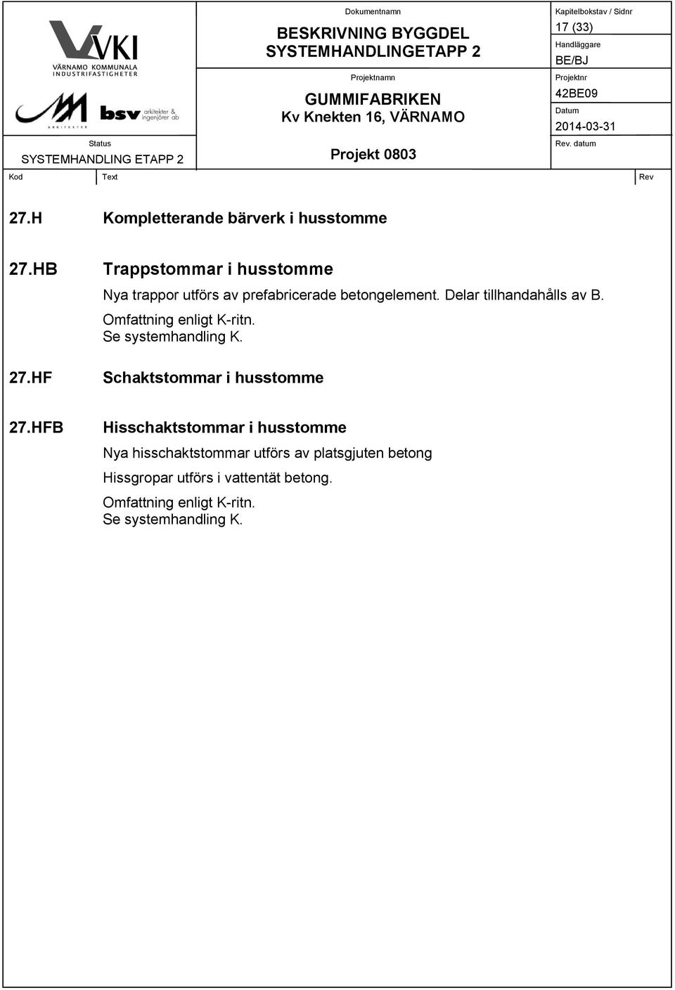 Delar tillhandahålls av B. Omfattning enligt K-ritn. Schaktstommar i husstomme 27.