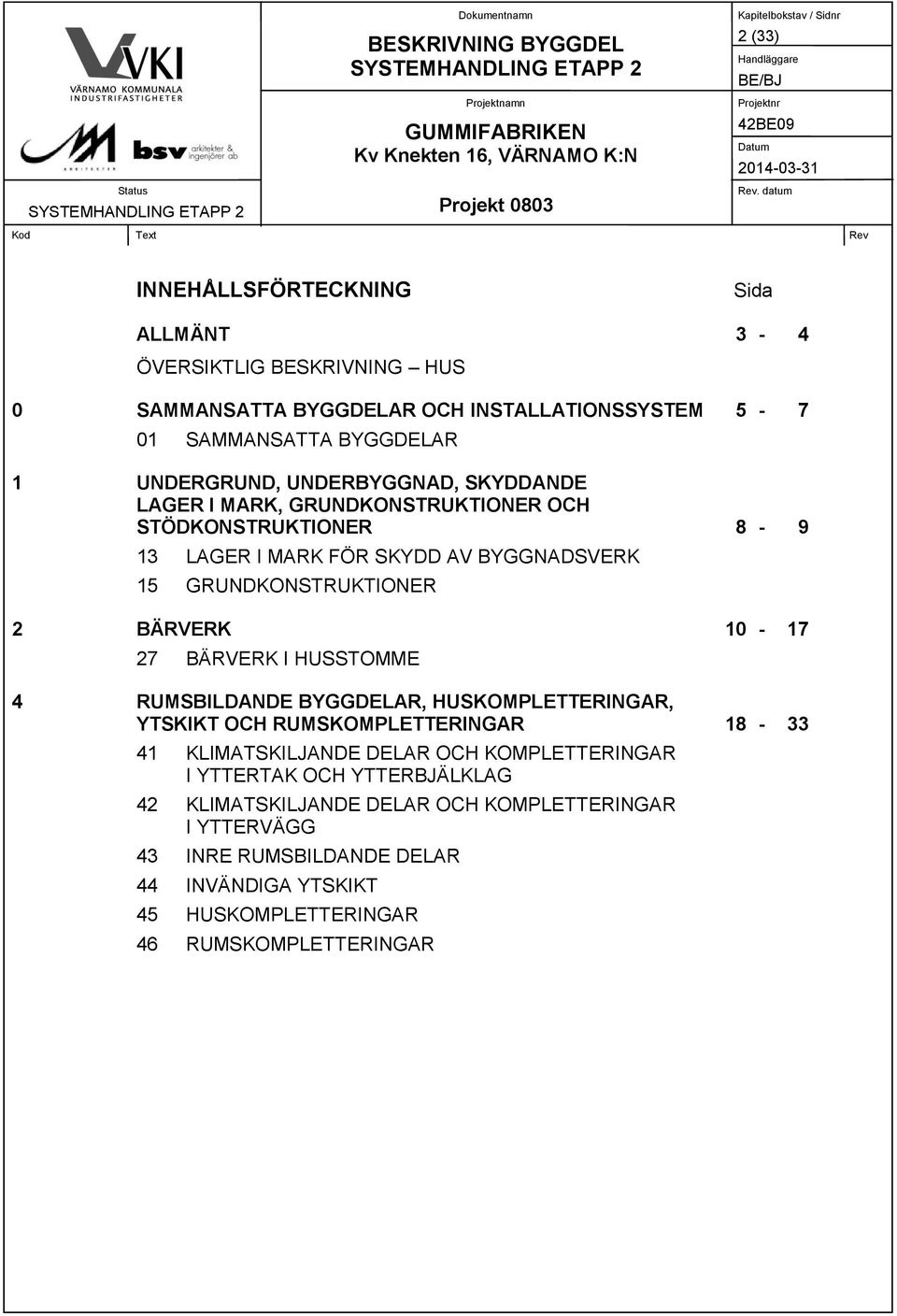 BÄRVERK 10-17 27 BÄRVERK I HUSSTOMME 4 RUMSBILDANDE BYGGDELAR, HUSKOMPLETTERINGAR, YTSKIKT OCH RUMSKOMPLETTERINGAR 18-33 41 KLIMATSKILJANDE DELAR OCH KOMPLETTERINGAR