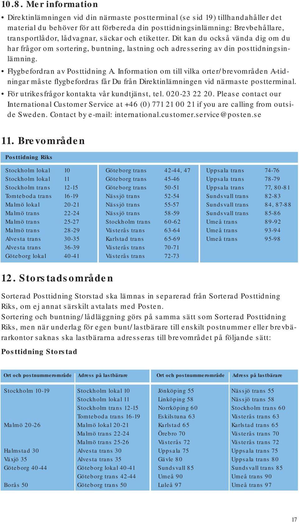 Information om till vilka orter/brevområden A-tidningar måste flygbefordras får Du från Direktinlämningen vid närmaste postterminal. För utrikesfrågor kontakta vår kundtjänst, tel. 020-23 22 20.