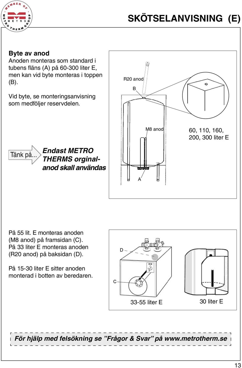 R20 anod B M8 anod 60, 110, 160, 200, 300 liter E Endast METRO THERMS orginalanod skall användas A På 55 lit.