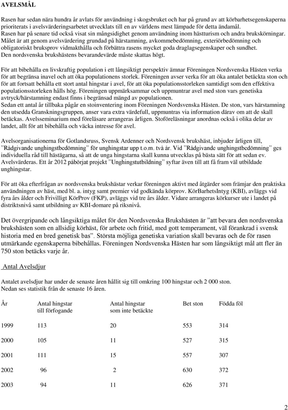 Målet är att genom avelsvärdering grundad på härstamning, avkommebedömning, exteriörbedömning och obligatoriskt bruksprov vidmakthålla och förbättra rasens mycket goda draglagsegenskaper och sundhet.