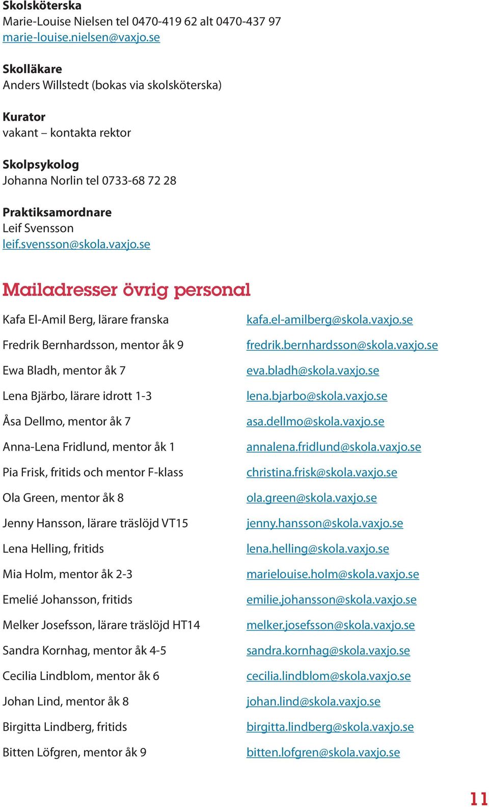 se Mailadresser övrig personal Kafa El-Amil Berg, lärare franska Fredrik Bernhardsson, mentor åk 9 Ewa Bladh, mentor åk 7 Lena Bjärbo, lärare idrott 1-3 Åsa Dellmo, mentor åk 7 Anna-Lena Fridlund,