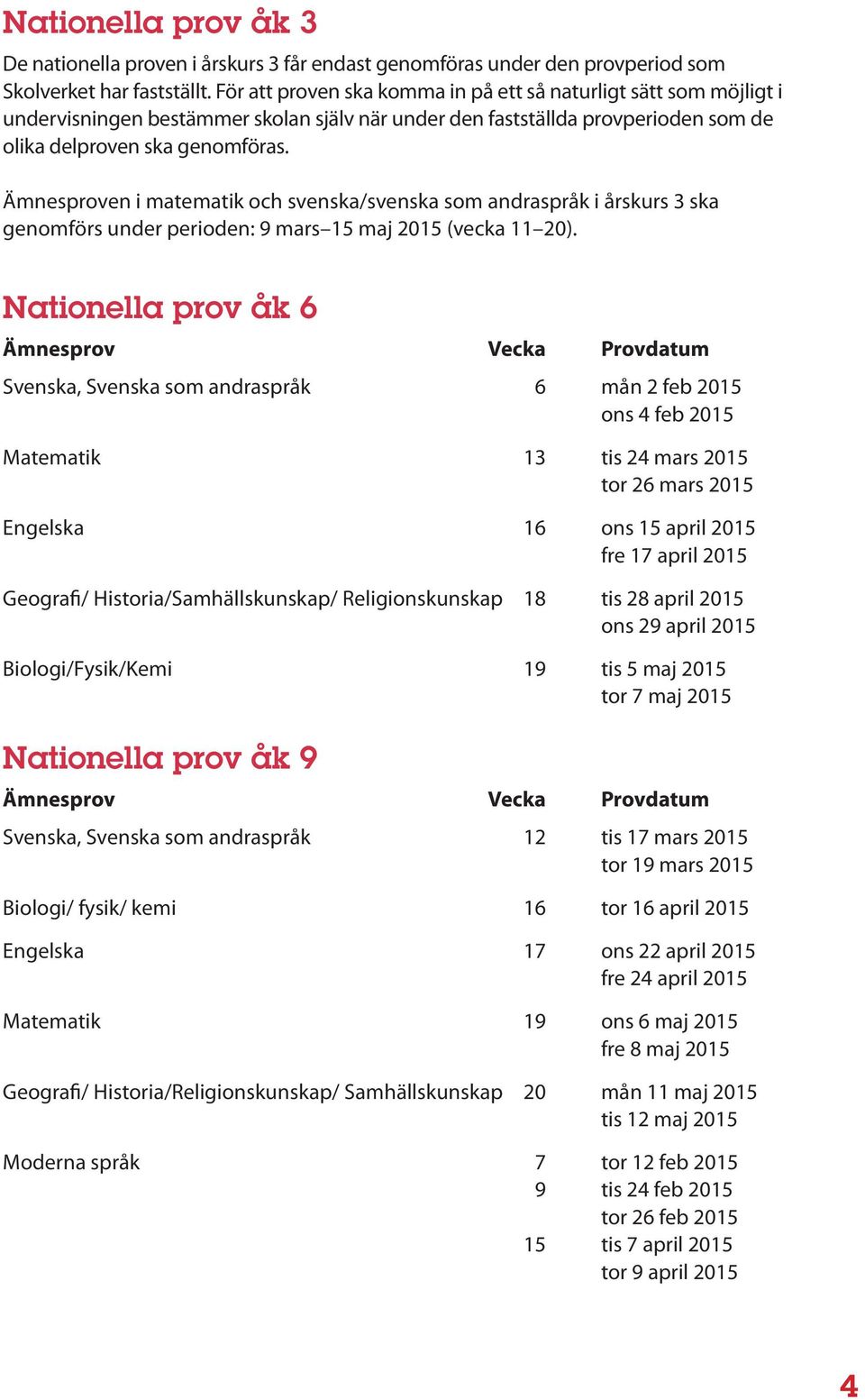 Ämnesproven i matematik och svenska/svenska som andraspråk i årskurs 3 ska genomförs under perioden: 9 mars 15 maj 2015 (vecka 11 20).