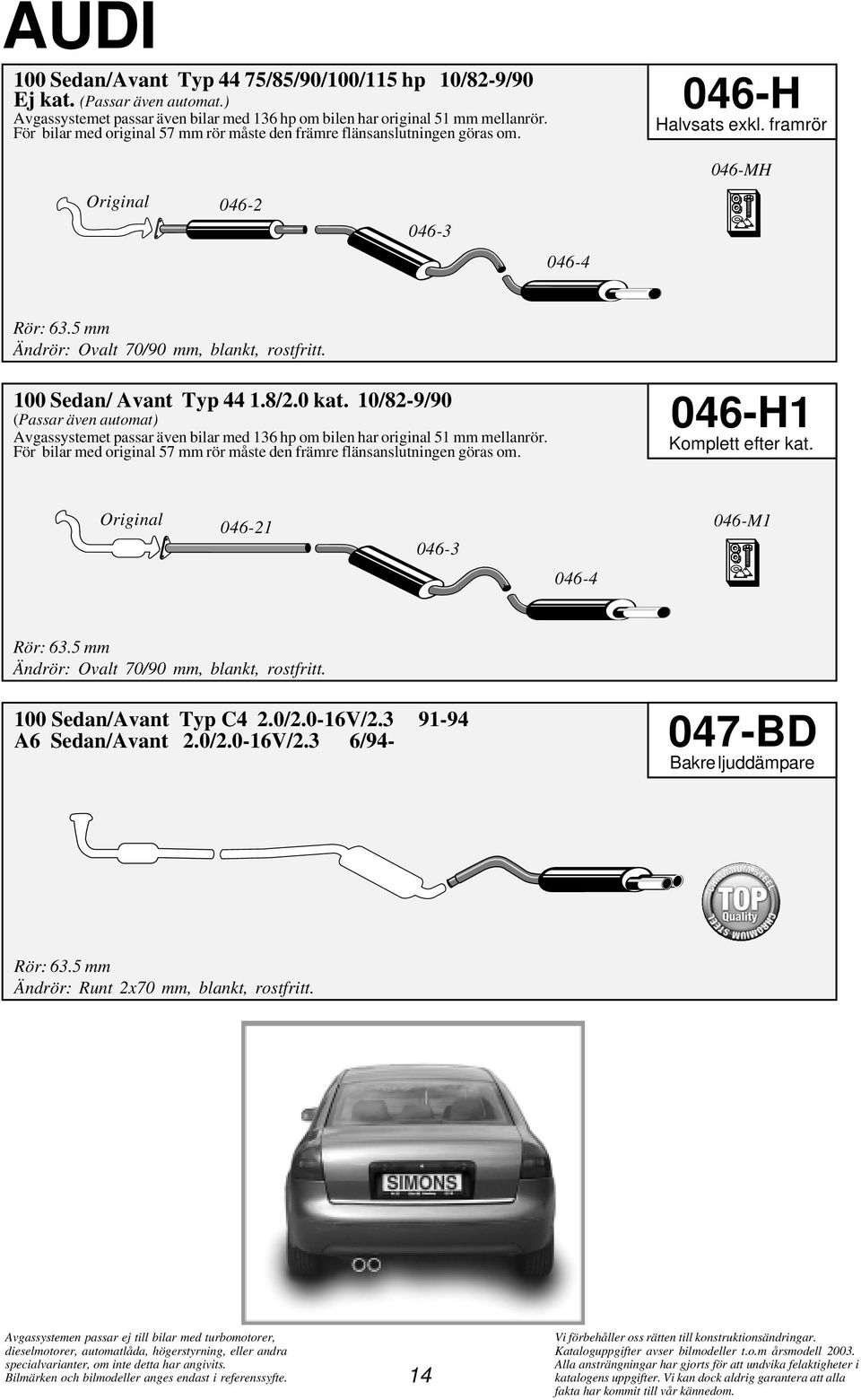 100 Sedan/ Avant Typ 44 1.8/2.0 kat. 10/82-9/90 (Passar även automat) Avgassystemet passar även bilar med 136 hp om bilen har original 51 mm mellanrör.