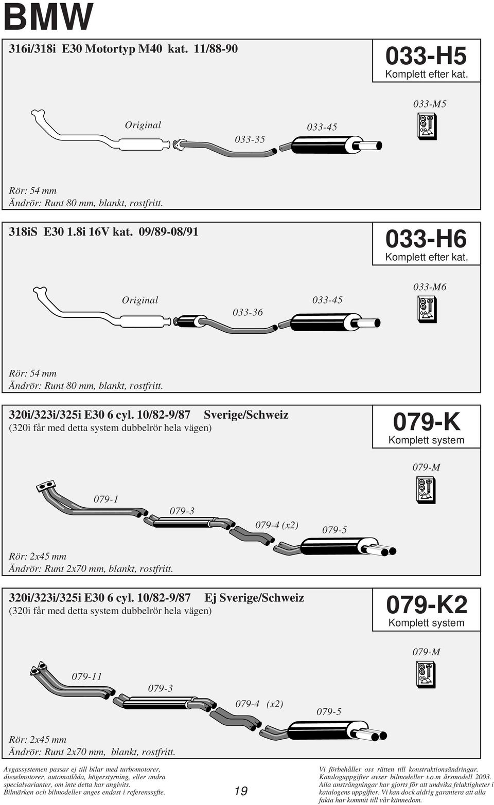 10/82-9/87 Sverige/Schweiz (320i får med detta system dubbelrör hela vägen) 079-K Komplett system 079-M 079-1 079-3 079-4 (x2) 079-5 Rör: 2x45 mm Ändrör: Runt 2x70 mm, blankt,