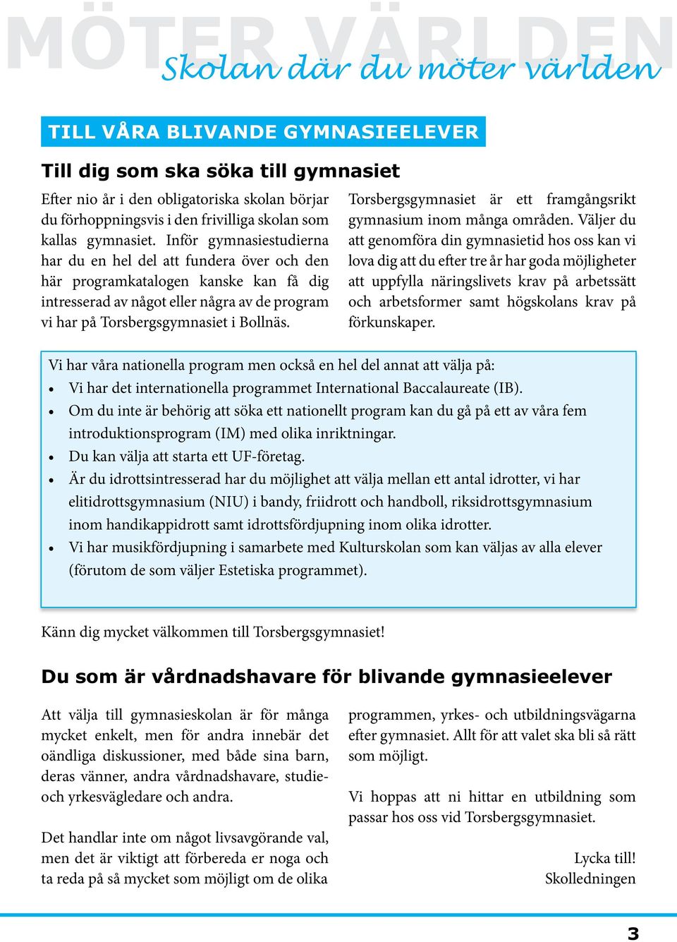 Inför gymnasiestudierna har du en hel del att fundera över och den här programkatalogen kanske kan få dig intresserad av något eller några av de program vi har på Torsbergsgymnasiet i Bollnäs.