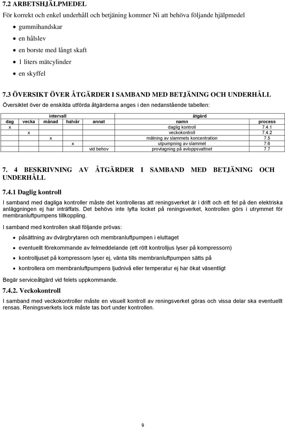 process x daglig kontroll 7.4.1 x veckokontroll 7.4.2 x mätning av slammets koncentration 7.5 x utpumpning av slammet 7.6 vid behov provtagning på avloppsvattnet 7.7 7.