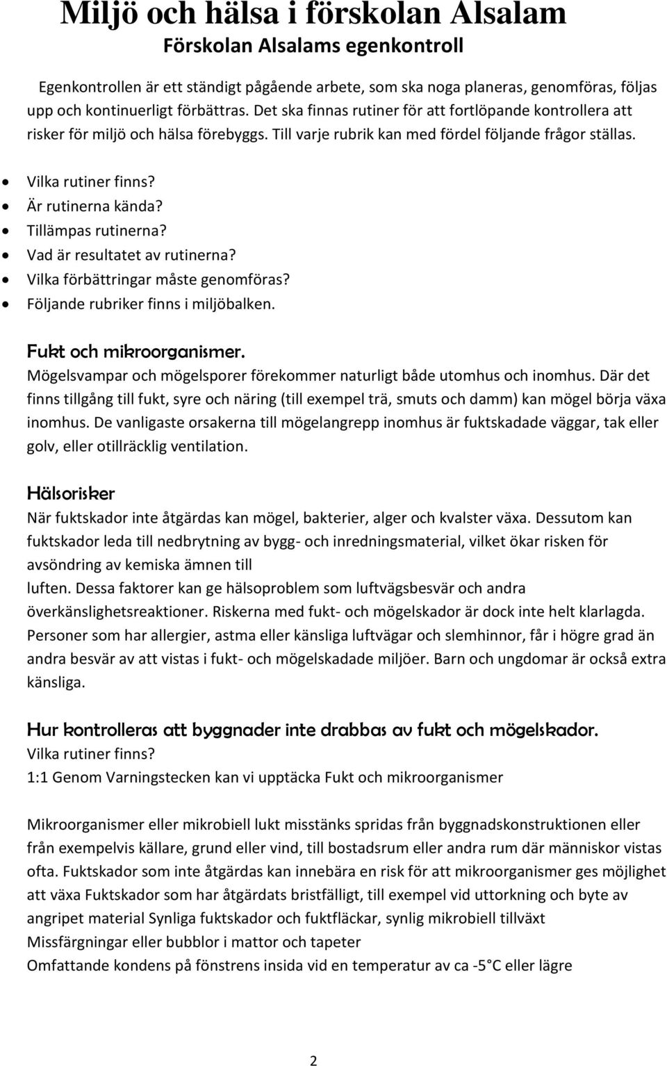 Miljö och hälsa i förskolan Alsalam Förskolan Alsalams egenkontroll - PDF  Gratis nedladdning