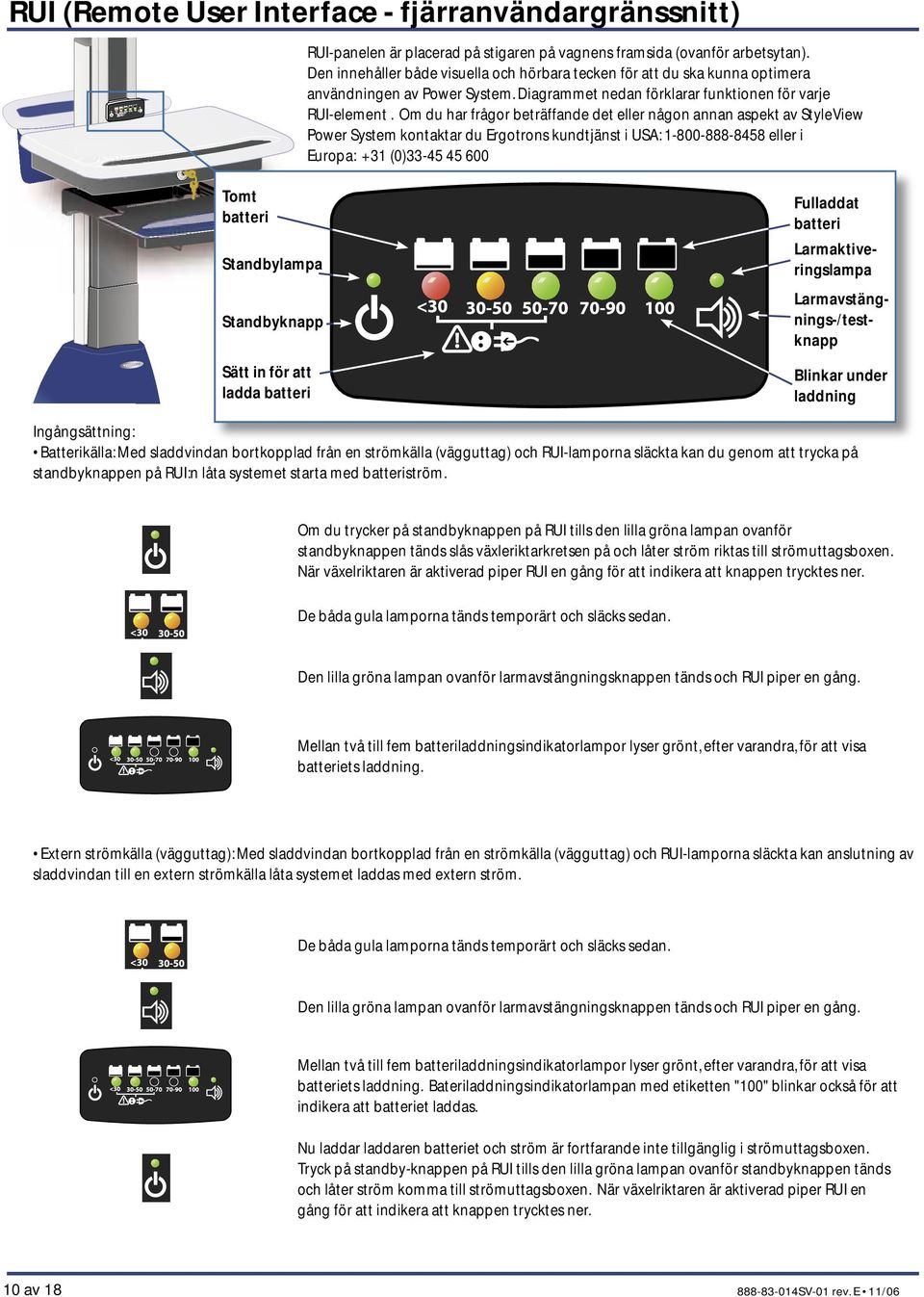 Om du har frågor beträffande det eller någon annan aspekt av StyleView Power System kontaktar du Ergotrons kundtjänst i USA: 1-800-888-8458 eller i Europa: +31 (0)33-45 45 600 Tomt batteri