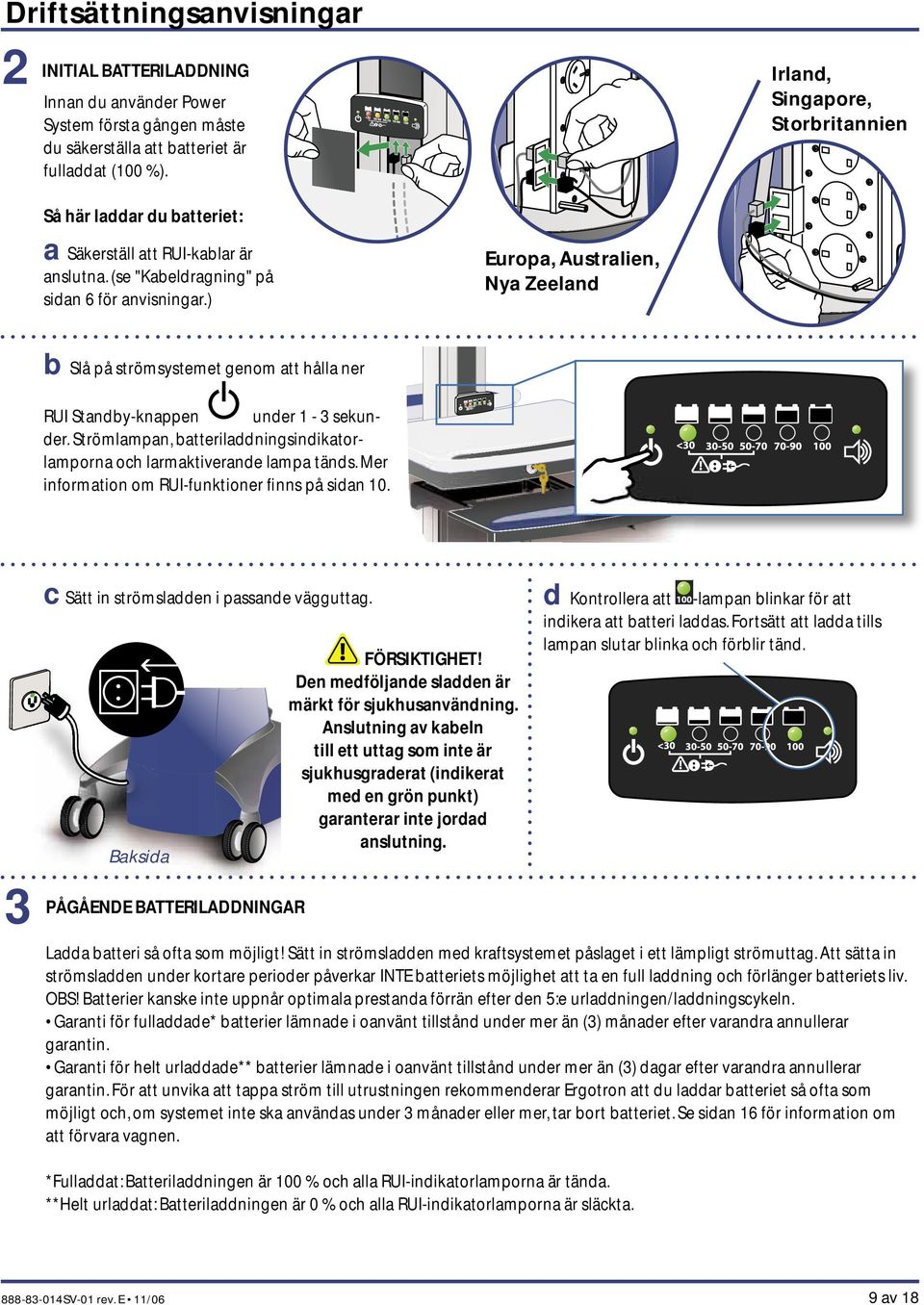 ) Europa, Australien, Nya Zeeland b Slå på strömsystemet genom att hålla ner RUI Standby-knappen under 1-3 sekunder. Strömlampan, batteriladdningsindikatorlamporna och larmaktiverande lampa tänds.