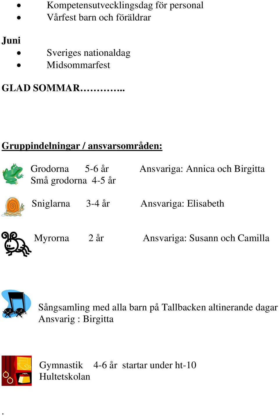 . Gruppindelningar / ansvarsområden: Grodorna 5-6 år Ansvariga: Annica och Birgitta Små grodorna 4-5 år