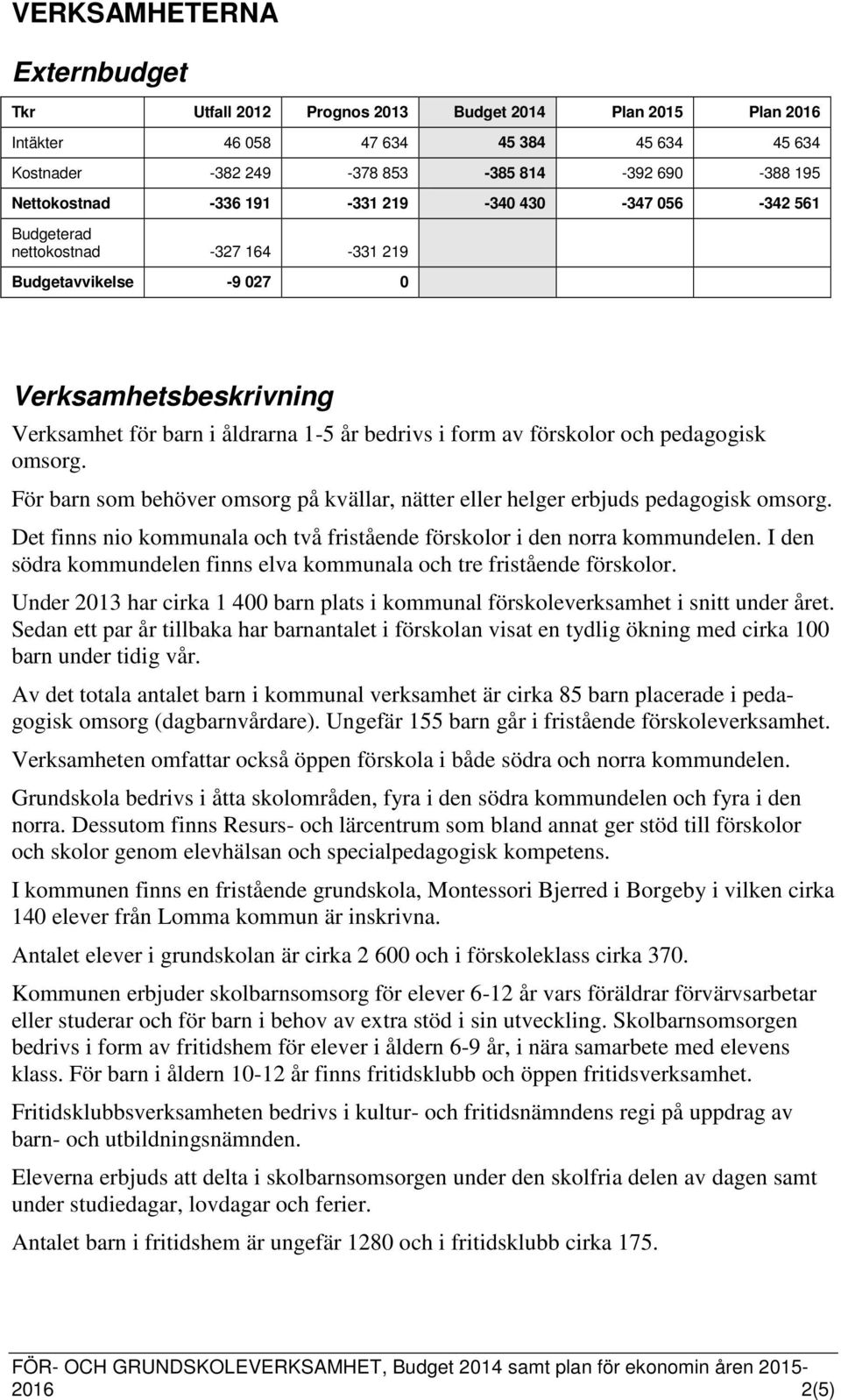 pedagogisk omsorg. För barn som behöver omsorg på kvällar, nätter eller helger erbjuds pedagogisk omsorg. Det finns nio kommunala och två fristående förskolor i den norra kommundelen.