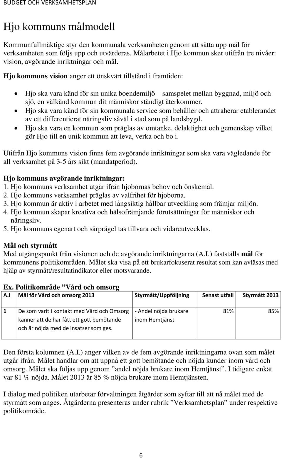 Hjo kommuns vision anger ett önskvärt tillstånd i framtiden: Hjo ska vara känd för sin unika boendemiljö samspelet mellan byggnad, miljö och sjö, en välkänd kommun dit människor ständigt återkommer.