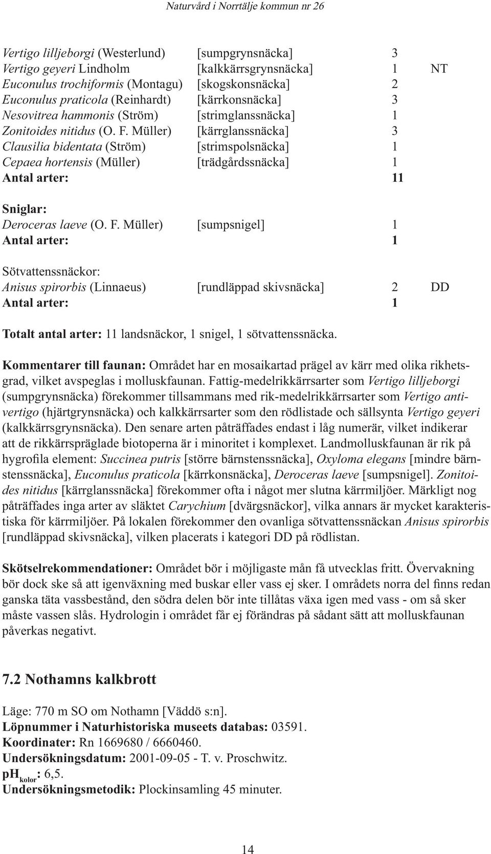 Müller) [kärrglanssnäcka] 3 Clausilia bidentata (Ström) [strimspolsnäcka] 1 Cepaea hortensis (Müller) [trädgårdssnäcka] 1 Antal arter: 11 Sniglar: Deroceras laeve (O. F.